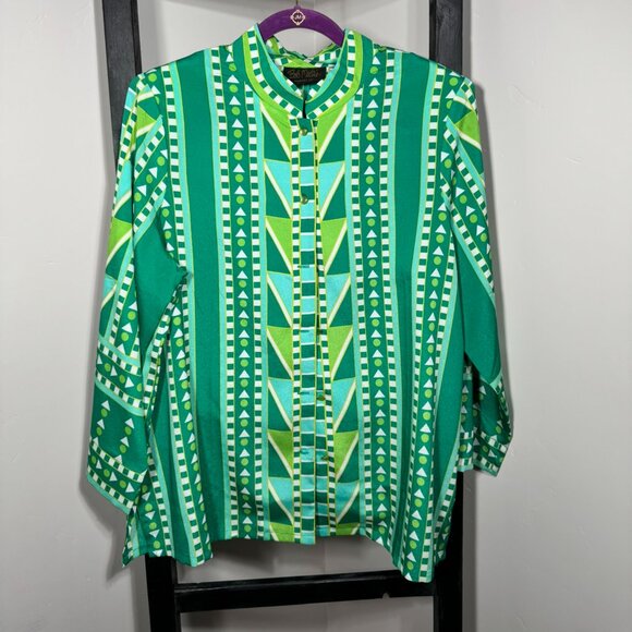 Bob Mackie Wearable Art Green Geometric Print Blouse - Vintage - Picture 1 of 5